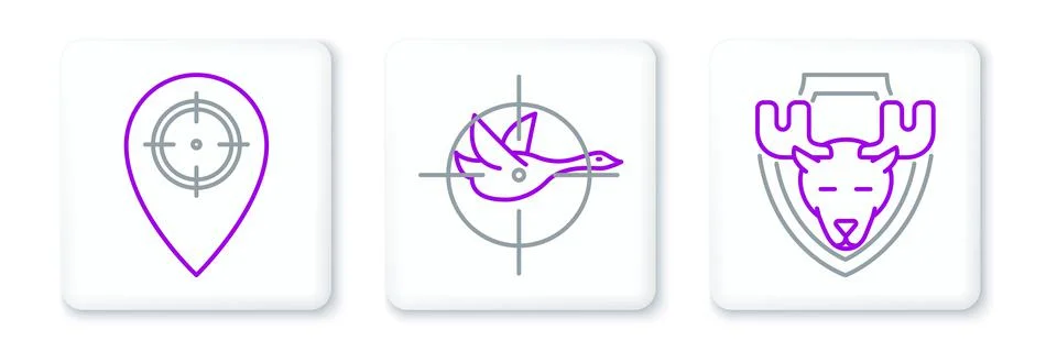 Set line Moose head on shield, Hunt place and duck with crosshairs icon. Vector Ilustración de archivo