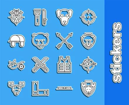 Set line Moose head on shield, Hunt duck with crosshairs, Bear, Hunting dog,  스톡 일러스트