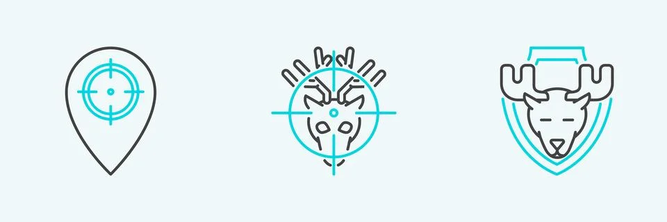 Set line Moose head on shield, Hunt place and deer with crosshairs icon. Vector Ilustración de archivo