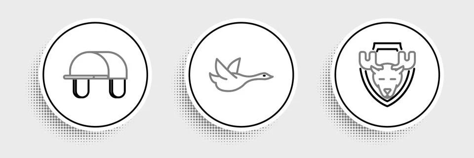 Set line Moose head on shield, Hunter hat and Flying duck icon. Vector Stock Illustration