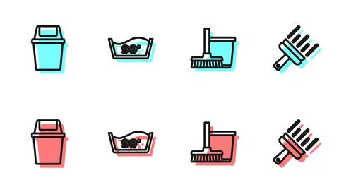 Set line Mop and bucket, Trash can, Temperature wash and Rubber cleaner for Stock-Illustration