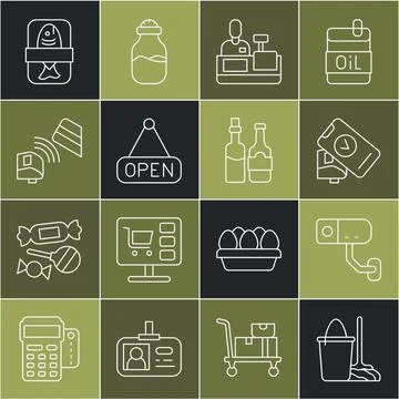 Set line Mop and bucket, Security camera, POS terminal, Cashier at cash register Stock-Illustration