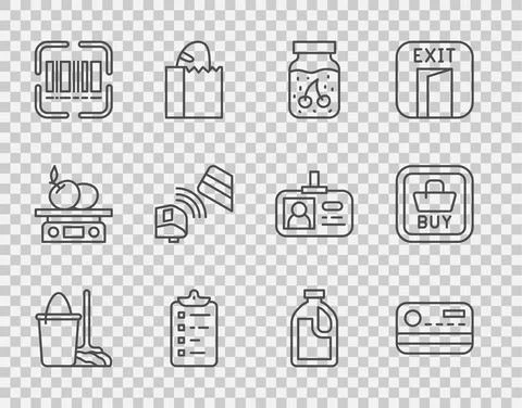Set line Mop and bucket, Credit card, Jam jar, Shopping list, Scanner scanning Stock-Illustration