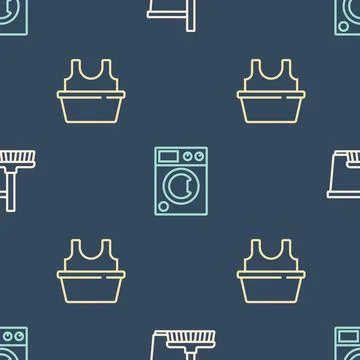 Set line Mop and bucket, Basin with shirt and Washer on seamless pattern. Vec Stock-Illustration
