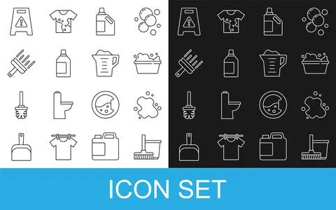 Set line Mop and bucket, Water spill, Basin with soap suds, Bottle for cleaning Stock-Illustration