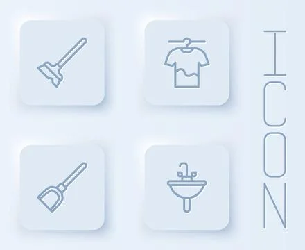 Set line Mop, Drying clothes, Dustpan and Washbasin. White square button. Vector 스톡 일러스트