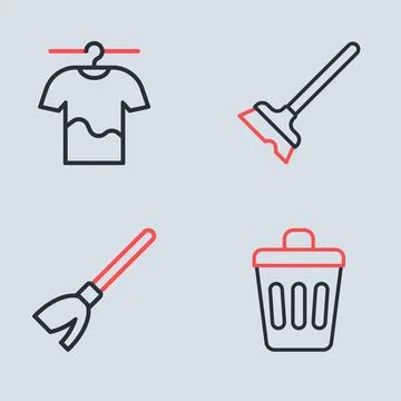 Set line Mop, Handle broom, Trash can and Drying clothes icon. Vector Stock Illustration