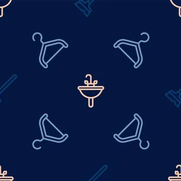 Set line Mop, Hanger wardrobe and Washbasin on seamless pattern. Vector Stock Illustration