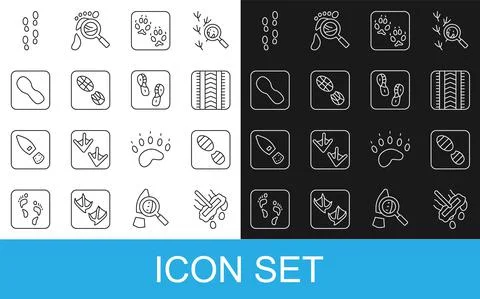 Set line Mop, Human footprints shoes, Tire track, Fox paw, and icon. Vector Stockillustratie