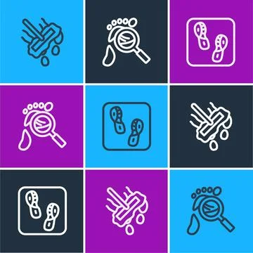 Set line Mop, Human footprints shoes and Magnifying glass with footsteps ic.. Stock Illustration