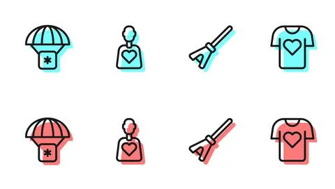 Set line Mop, Humanitarian aid, Volunteer and Clothes donation icon. Vector 스톡 일러스트