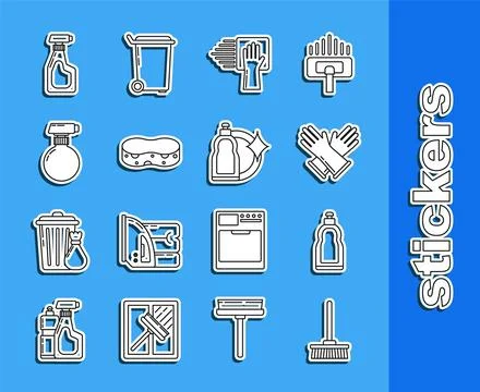 Set line Mop, Plastic bottles for liquid dishwashing liquid, Rubber gloves Stock Illustration