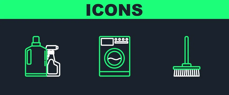 Set line Mop, Plastic bottles for liquid dishwashing liquid and Washer icon.. Stock Illustration