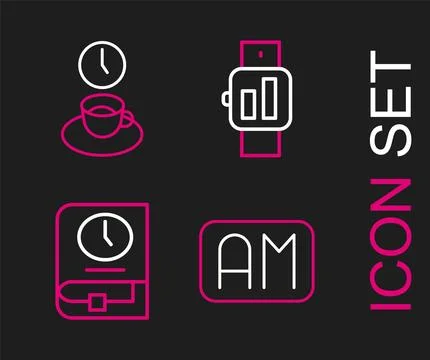 Set line Morning time, Time for book, Smartwatch and Coffee icon. Vector Illustrazione stock