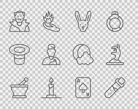 Set line Mortar and pestle, Bottle with potion, Rabbit ears, Burning candle in Stock Illustration