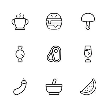 Set line Mortar and pestle, Wine glass, Watermelon, Steak meat, Mushroom, B.. Stock Illustration