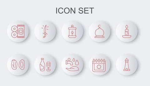 Set line Mosque tower or minaret, Date fruit, Ramadan Kareem lantern, calendar Stock Illustration