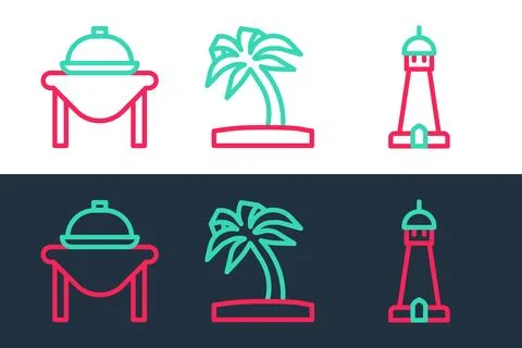 Set line Mosque tower or minaret, Table food and Tropical palm tree icon. Vector Illustrazione stock