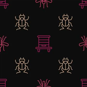 Set line Mosquito, Beetle bug and Hive for bees on seamless pattern. Vector Stock Illustration