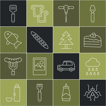 Set line Mosquito, Cloud with rain, Piece of cake, Wine corkscrew, French Stock Illustration