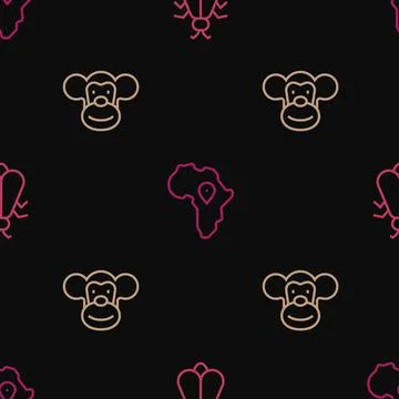 Set line Mosquito, Monkey and Map of Africa on seamless pattern. Vector Stock Illustration
