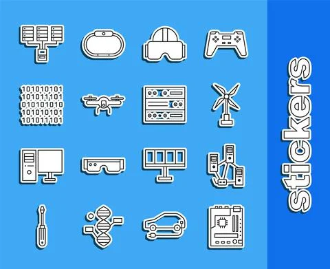 Set line Motherboard, Computer network, Wind turbine, Virtual reality glasses Stock Illustration