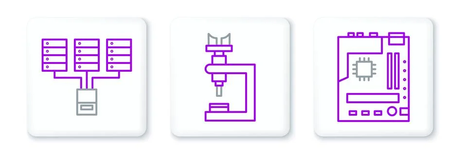 Set line Motherboard, Server, Data, Web Hosting and Microscope icon. Vector Stock Illustration