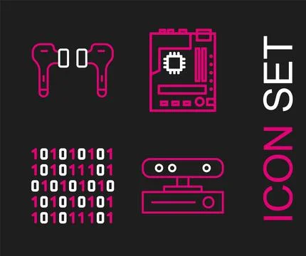 Set line Motion sensor, Binary code, Motherboard and Air headphones icon. V.. Stock Illustration