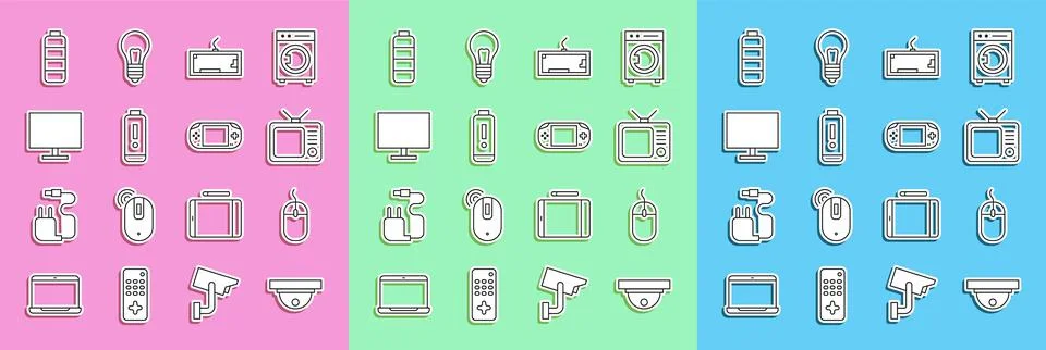 Set line Motion sensor, Computer mouse, Retro tv, Keyboard, Battery charge level 库存插图