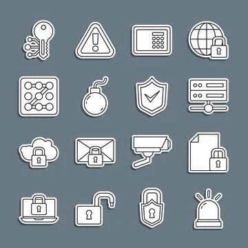 Set line Motion sensor, Document and lock, Server, Data, Web Hosting, Safe, Bomb Stock Illustration