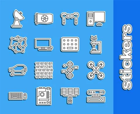 Set line Motion sensor, Drone flying, Microscope, Air headphones, Smart Tv Stock-Illustration