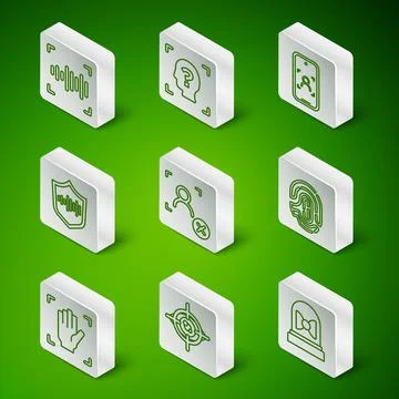 Set line Motion sensor, Eye scan, Voice recognition, Rejection face, Shield Stock Illustration
