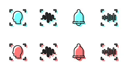 Set line Motion sensor, Face recognition, Voice and icon. Vector Stock Illustration