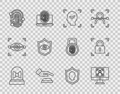 Set line Motion sensor Face recognition Palm print Fingerprint Shield eye sca Stock Illustration