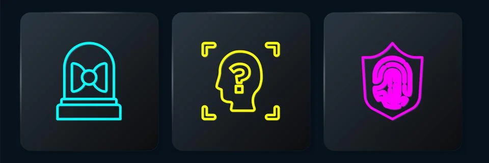 Set line Motion sensor, Fingerprint in shield and Face recognition. Black squ Stock Illustration