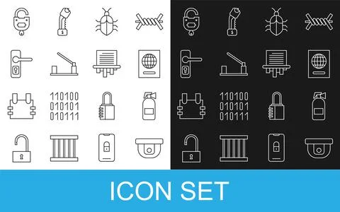 Set line Motion sensor, Fire extinguisher, Passport, System bug concept, Park Stock Illustration