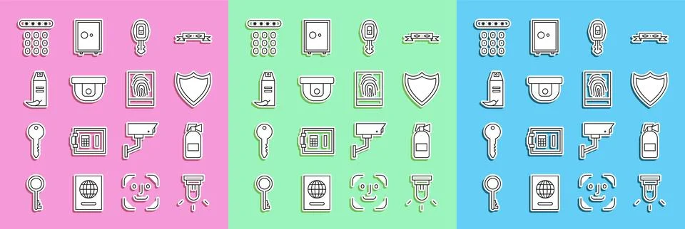 Set line Motion sensor, Fire extinguisher, Shield, Car key with remote, Pep.. Stock Illustration
