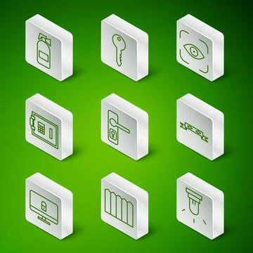 Set line Motion sensor, Garden fence wooden, Fire extinguisher, Door handle,  Illustration