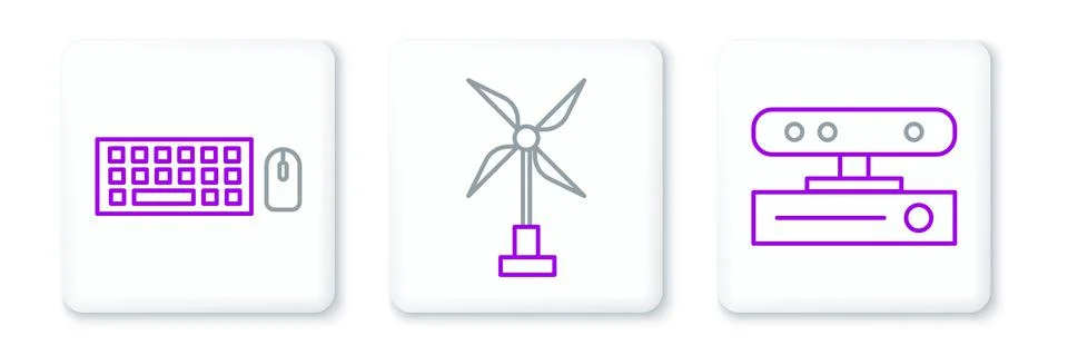 Set line Motion sensor, Keyboard and mouse and Wind turbine icon. Vector Stock Illustration