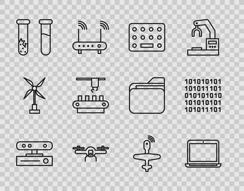 Set line Motion sensor, Laptop, Pills in blister pack, Drone flying, Test tube Stock Illustration
