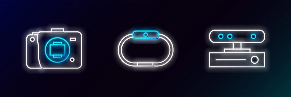 Set line Motion sensor, Mirrorless camera and Smartwatch icon. Glowing neon Stock Illustration