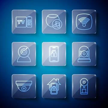 Set line Motion sensor, Mobile with smart home, Smart coffee machine, Wi-Fi Illustrazione stock