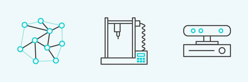 Set line Motion sensor, Neural network and 3D printer icon. Vector Stock Illustration