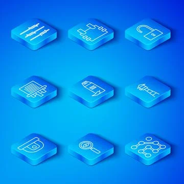 Set line Motion sensor, Pepper spray, Magnifying glass Search, Watch tower, Open Ilustración de archivo