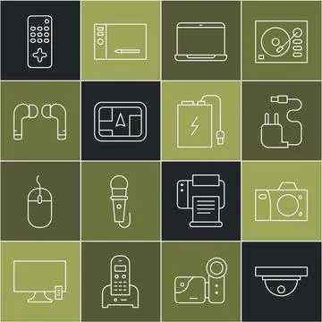 Set line Motion sensor, Photo camera, Charger, Laptop, Gps device with map, Air Stock Illustration