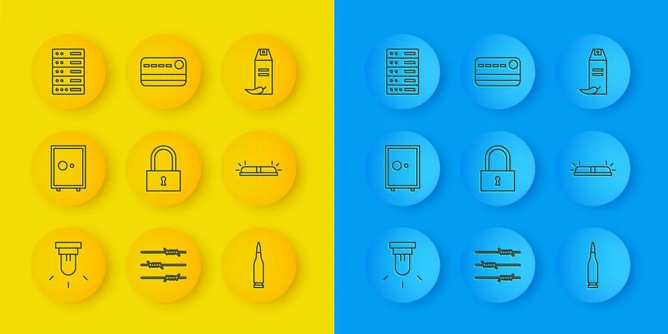 Set line Motion sensor, Safe, Lock, Bullet, Flasher siren, Server, Data, Web Stock Illustration