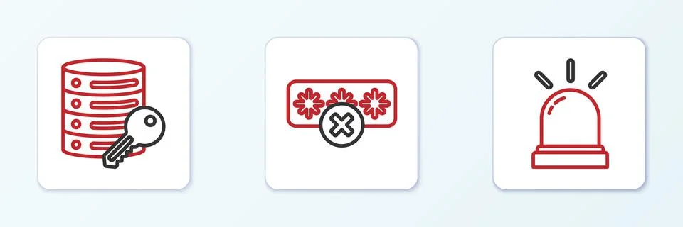 Set line Motion sensor, Server security with key and Password protection icon Illustrazione stock