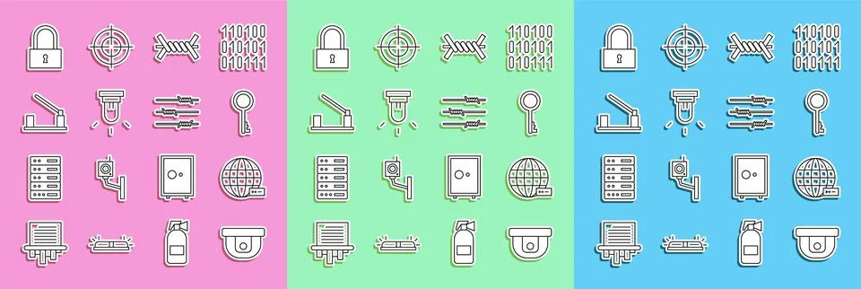 Set line Motion sensor, Social network, Old key, Barbed wire, Parking car Stock Illustration