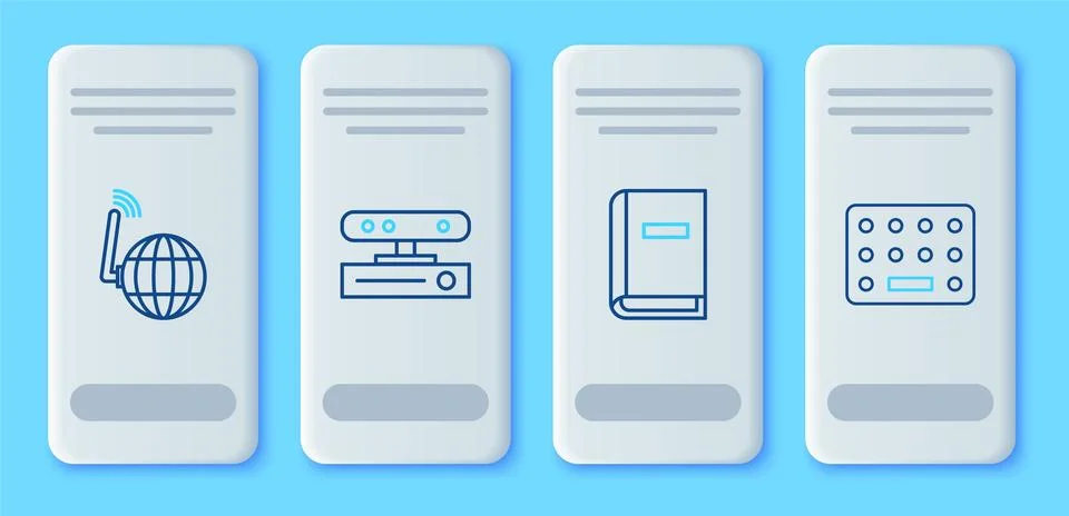 Set line Motion sensor, User manual, Social network and Pills in blister pack Stock Illustration