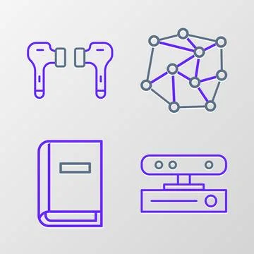 Set line Motion sensor, User manual, Neural network and Air headphones icon.. Illustrazione stock